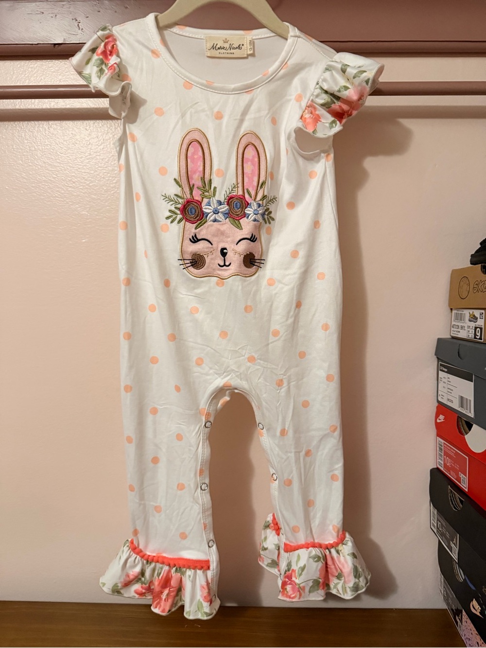 White & Peach Bunny Floral Ruffle One-Piece Bodysuit